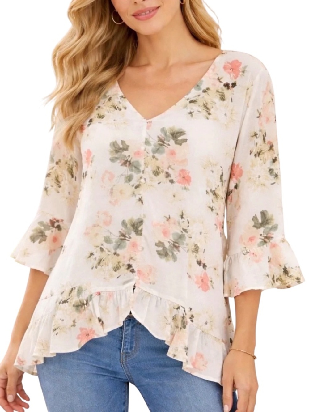 Nue Options Off White Floral Ruffle High Low Blouse Top Womens XL